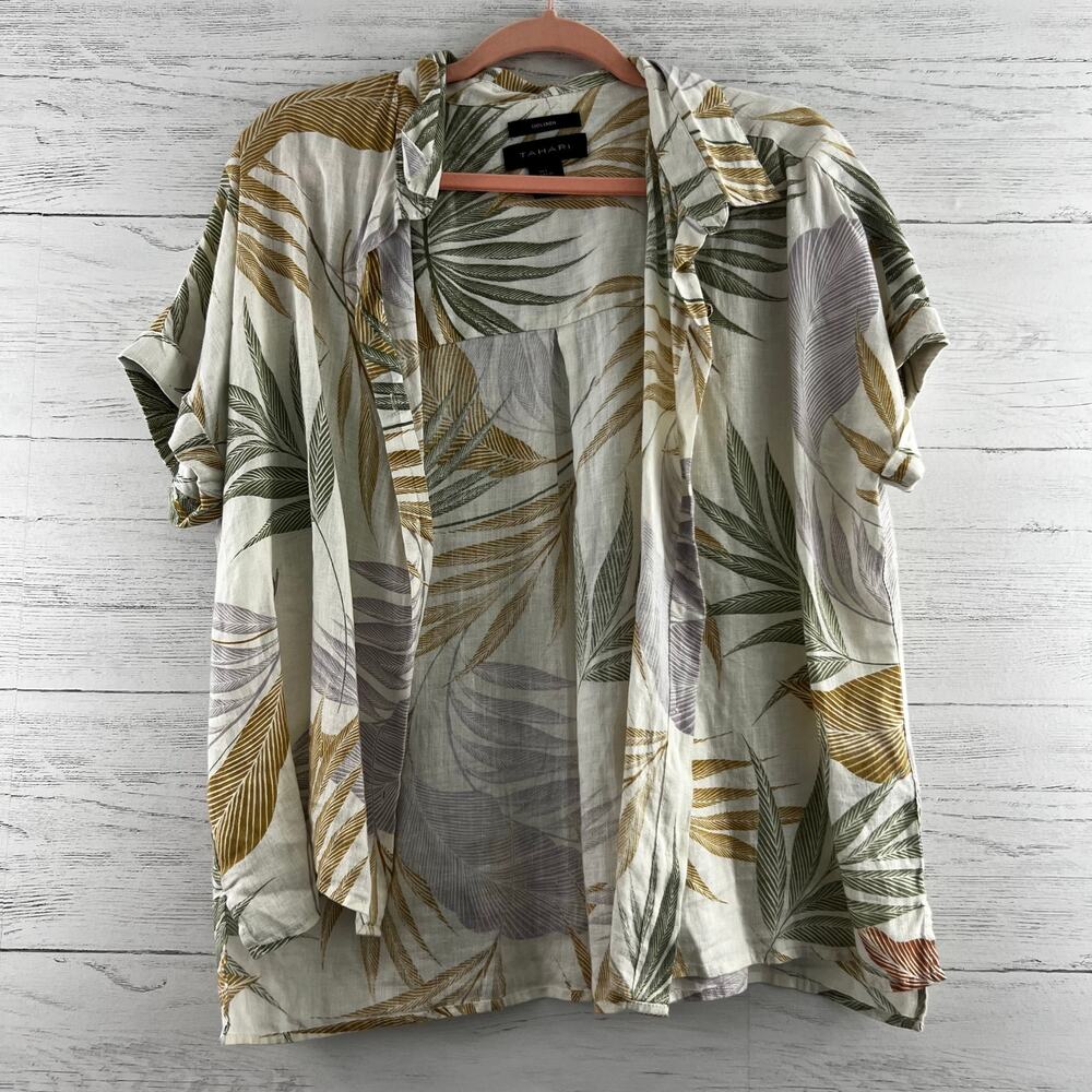 Tahari Tropical Leaf Linen Button Down Short Sleeve Top Size L